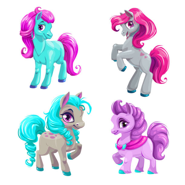 Cute cartoon little horses set Cute cartoon little horses set. Isolated vector pony icons. pony stock illustrations