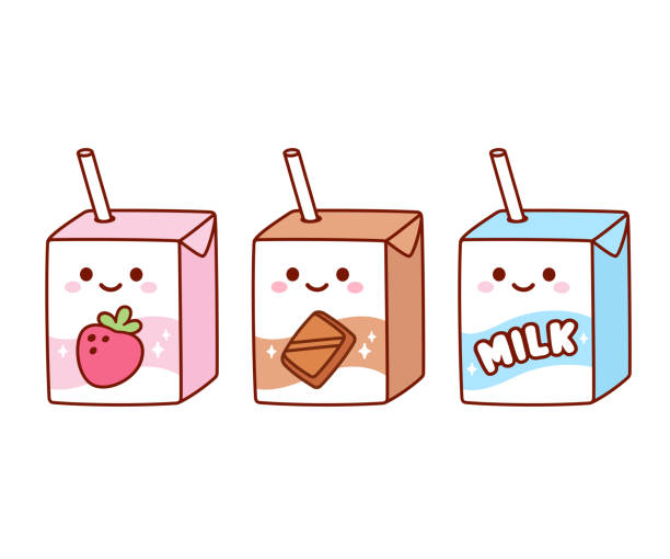 illustrazioni stock, clip art, cartoni animati e icone di tendenza di carino set di scatola del latte dei cartoni animati - kawaii