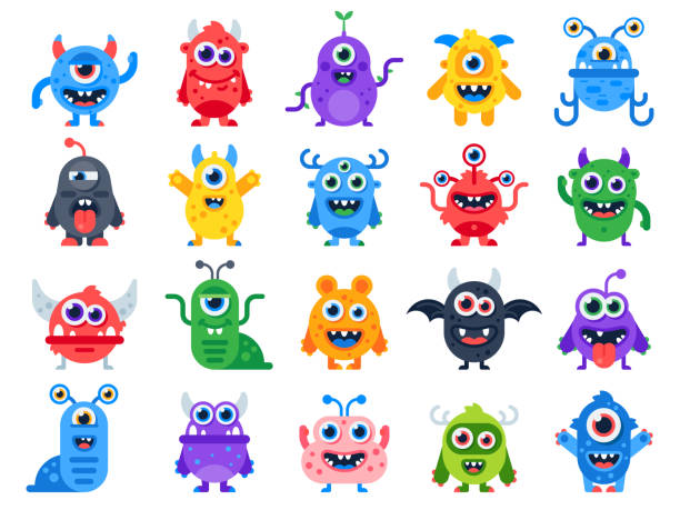 Cute cartoon monsters. Comic halloween joyful monster characters. Funny devil, ugly alien and smile creature flat vector set Cute cartoon monsters. Comic halloween joyful monster characters. Funny devil face, ugly silly alien and scary humor smile little furious creature character colorful flat isolated icon vector set monster fictional character stock illustrations