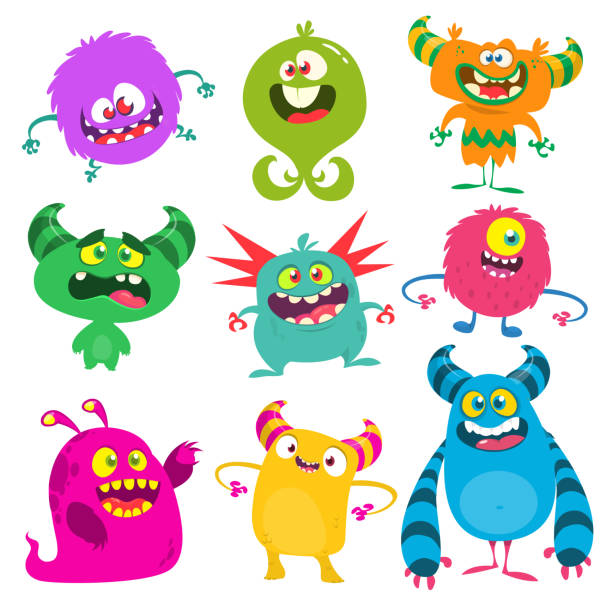 Cute cartoon Monsters. Set of cartoon monsters Cute cartoon Monsters. Set of cartoon monsters: goblin or troll, cyclops, ghost,  monsters and aliens. Halloween design monster stock illustrations