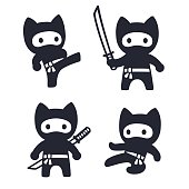 Cute cartoon ninja cat set. Adorable vector black and white drawings in simple modern Japanese style.