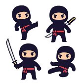 Cute cartoon ninja set with katana sword, different fighting poses. Isolated vector clip art illustration.