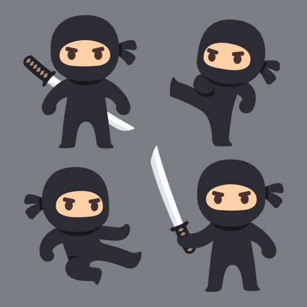 stockillustraties, clipart, cartoons en iconen met schattige cartoon ninja set - manga boy action