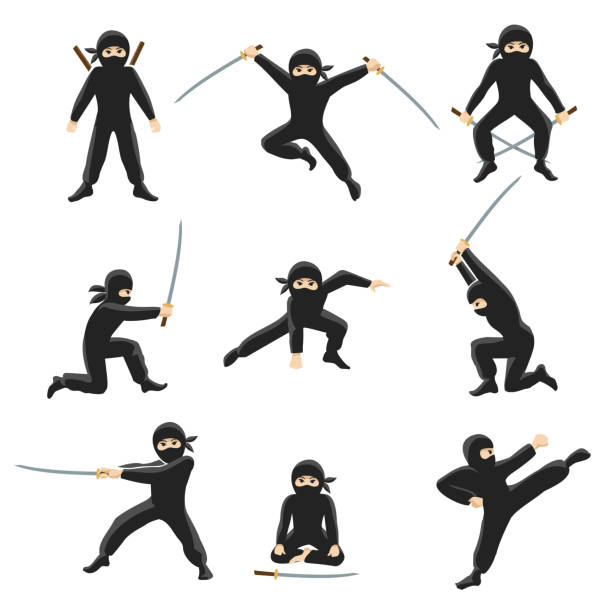かわいい漫画の忍者はベクトル イラストです。蹴ると、白い背景で隔離の忍者をジャンプ - 忍者点のイラスト素材／クリップアート素材／マンガ素材／アイコン素材