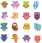 Cute cartoon owl characters vector set. Owl character bird, animal drawing comic and childish illustration