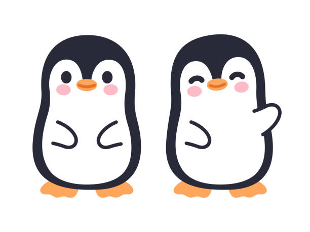 Cute cartoon penguin Cute cartoon penguin character standing and waving. Kawaii little penguin illustration set, isolated vector clip art. penguin stock illustrations