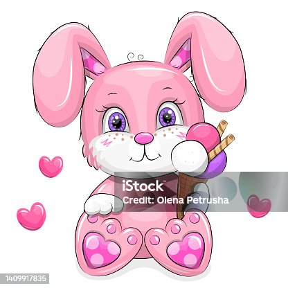 istock Cute cartoon pink rabbit with ice cream and hearts. 1409917835