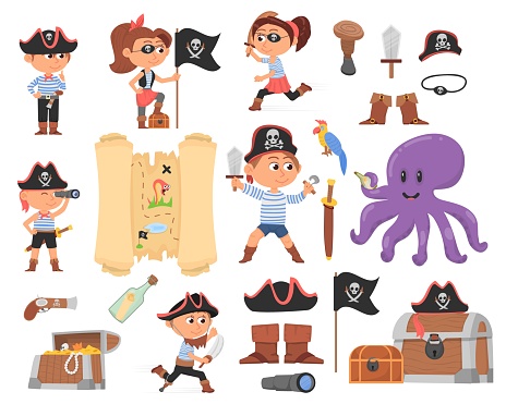 Cute cartoon pirates. Child pirate, kids wear party costume. Sea or ocean characters, treasure map, wooden chest. Isolated happy playing children decent vector set