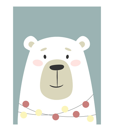 Cute cartoon polar bear with garlands in a flat style. Vector character for posters, print for children's clothing and various design.