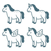 Cute cartoon little pony set. Normal horse, with wings (Pegasus), horn (Unicorn) and both. Funny chubby character design, vector illustration.
