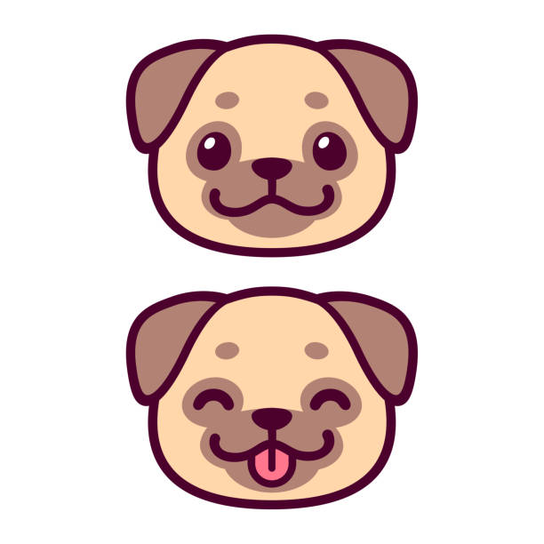 Cute cartoon pug face Cute cartoon pug face drawing. Kawaii dog portrait smiling with tongue out. Vector clip art illustration. stick out tongue emoji stock illustrations