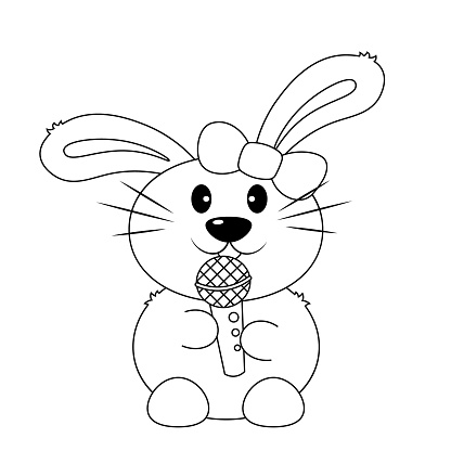 Cute cartoon Rabbit and microphone. Draw illustration in black and white