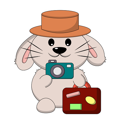 Cute cartoon Rabbit Tourist with camera and suitcase. Draw illustration in color