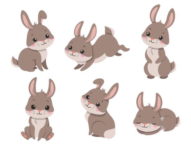 Cute cartoon rabbits Cute cartoon rabbits. Funny furry gray hares, Easter bunnies standing, sitting, running, jumping, sleeping. Set of flat cartoon vector illustrations isolated on white background rabbit stock illustrations
