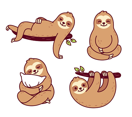 Cute cartoon sloth character drawing set. Hanging from tree branch, sitting, hugging pillow. Funny lazy animal, sleepy sloth hand drawn vector clip art illustration.