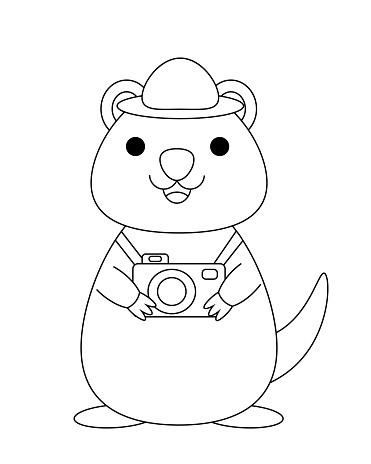 Cute cartoon Smile Quokka and camera. Draw illustration in black and white