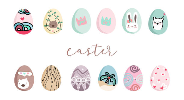Cute cartoon style  easter egg decorated . Pastel color for easter eggs. Happy eater. Cute cartoon style  easter egg decorated . Pastel color for easter eggs. Happy eater. easter sunday stock illustrations