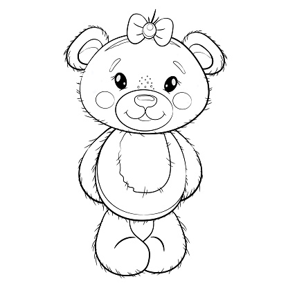 Cute Cartoon Teddy Bear Girl with a bow. Vector outline illustration. Coloring page.