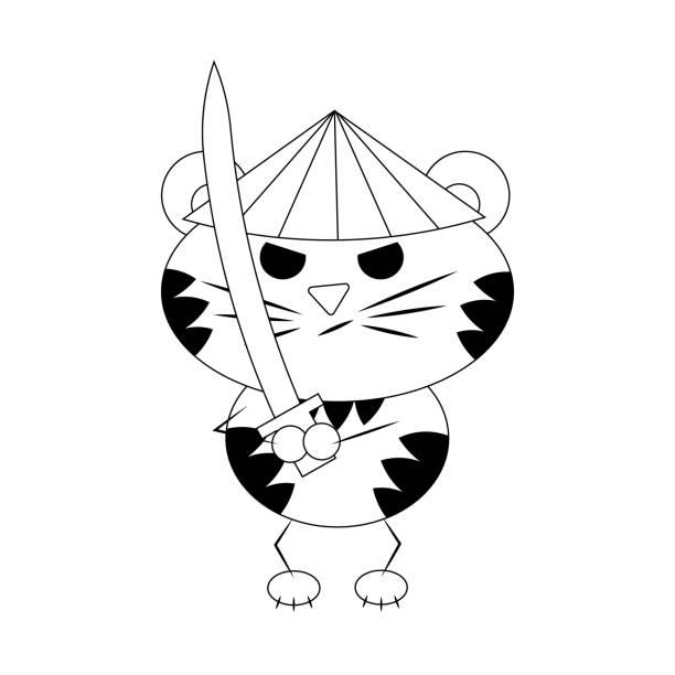 Cute cartoon Tiger Samurai. Draw illustration in black and white For icons, web, postcards, decor, packaging, prints for things, covers for notebooks, decoration of boxes for sticker, backpack, individual element, childs colouring and etc. african warrior symbols drawing stock illustrations