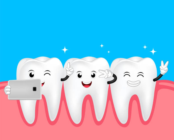 Cute cartoon tooth character taking selfie. Take a photo with mobile phone. Dental care concept. Illustration isolated on blue background. selfie borders stock illustrations