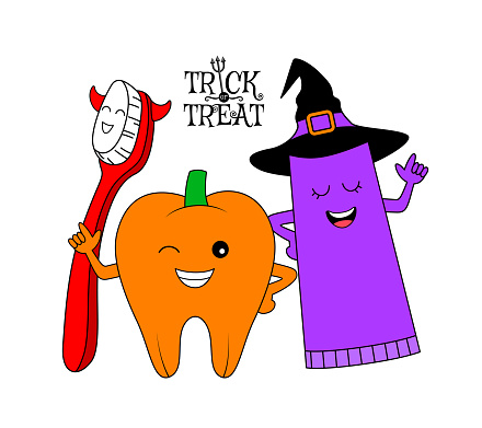 Cute cartoon tooth character with toothbrush and toothpaste in halloween concept.