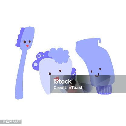 istock Cute cartoon tooth character with toothpaste and toothbrush. 1413945582