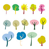 Vector illustration of a collection of cute and colorful cartoon trees. Ideal for design projects, video game backgrounds and web pages and Internet related projects.