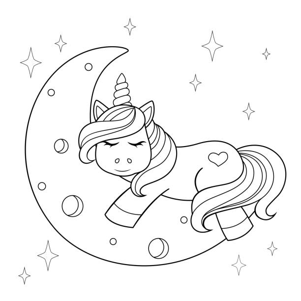 Cute cartoon unicorn sleeping on the moon. Black and white illustration for coloring book Vector illustration coloring pages stock illustrations