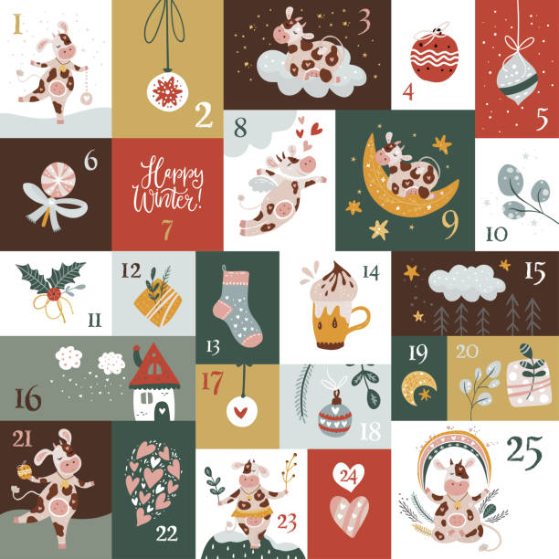 Cute cartoon vector advent calendar. Cute cartoon advent calendar with funny cow animals, and signs for 25 days. Vibrant advent calendar for kids. Square calendar with New Year decor. Christmas kid greeting card with funny illustrations. printable cow stock illustrations
