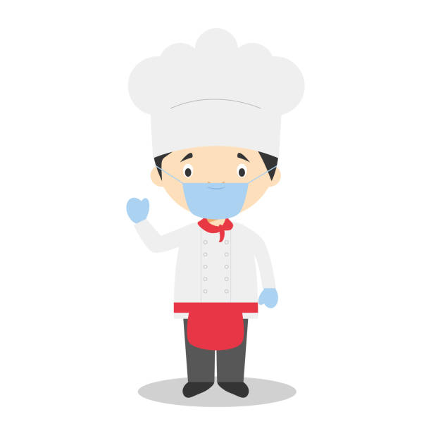 Cute cartoon vector illustration of a chef with surgical mask and latex gloves as protection against a health emergency Cute cartoon vector illustration of a chef with surgical mask and latex gloves as protection against a health emergency chef apron stock illustrations