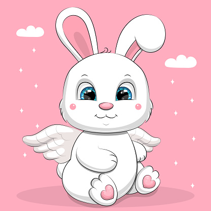 Cute cartoon white angel rabbit.