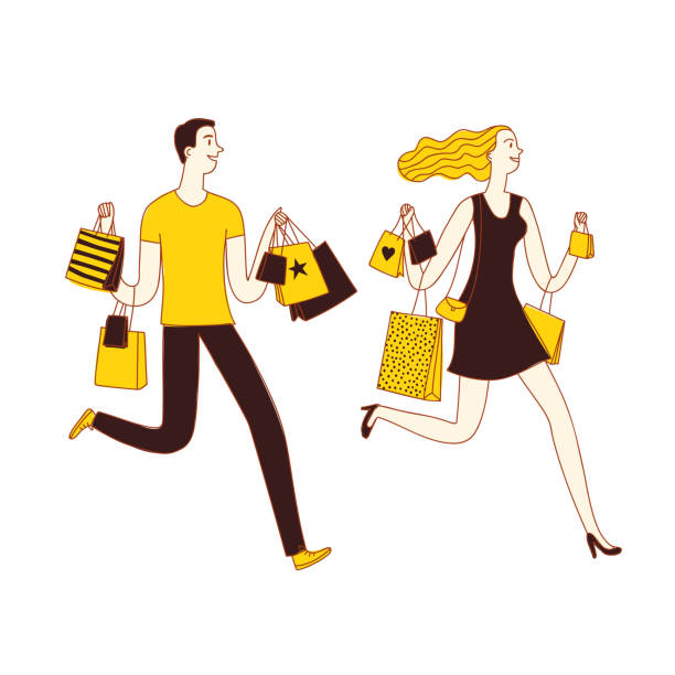 stockillustraties, clipart, cartoons en iconen met leuke cartoon vrouw en man lopen met boodschappentassen. - hardlopen vorouw