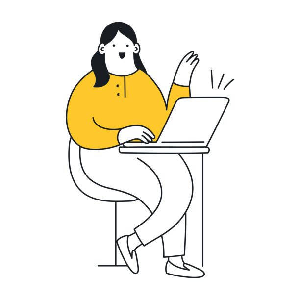 A cute cartoon woman is working with a laptop vector art illustration