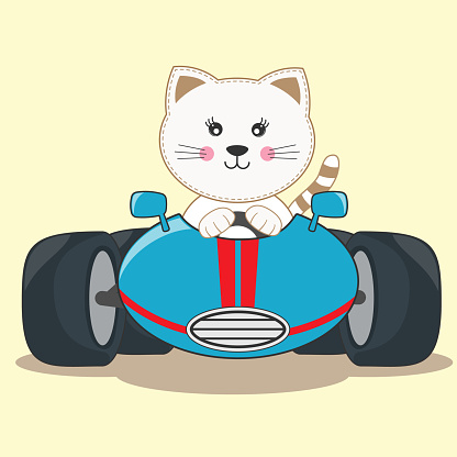 Cute cat boy driving blue car. Vector illustration.
