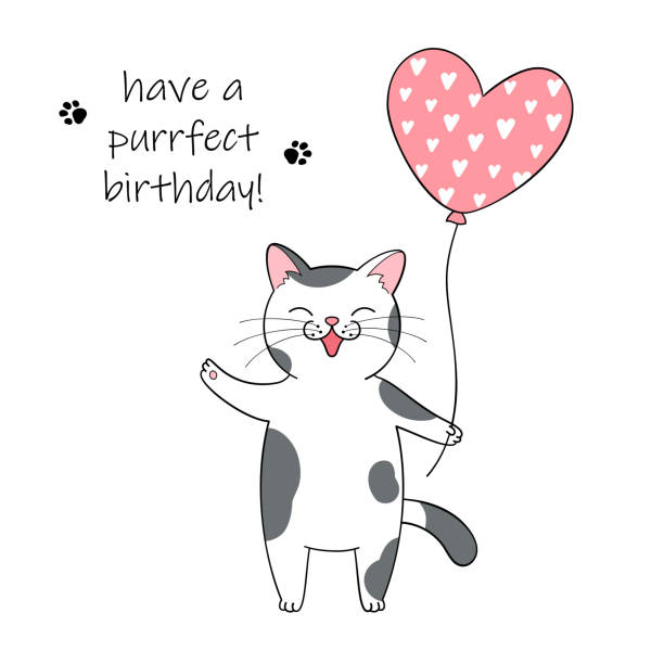 Cute cat character Cute cartoon cat holding a balloon. Hand drawn illustration for birthday greeting card happy birthday cat stock illustrations