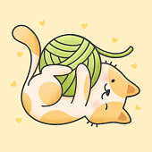 istock Cute cat playing with yarn cartoon hand drawn style 1202014303