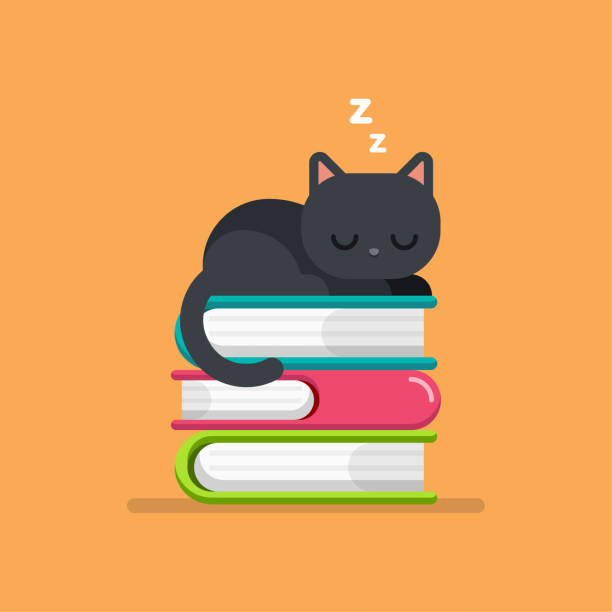 ilustrações de stock, clip art, desenhos animados e ícones de cute cat sleeping on a pile of books, education concept, vector illustration. - book cat