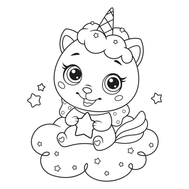 Cute cat unicorn with little star sitting on cloud colouring page Cute cat unicorn with little star sitting on cloud. Coloring page for children cute cat coloring pages stock illustrations