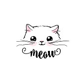Cute cat vector print design. Meow lettering text. Kitten face vector background. Funny and cool smiling cartoon character. Love baby illustration.