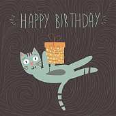 cute cat with gift and inscription Happy birthday Vector illustration Birthday Greeting card