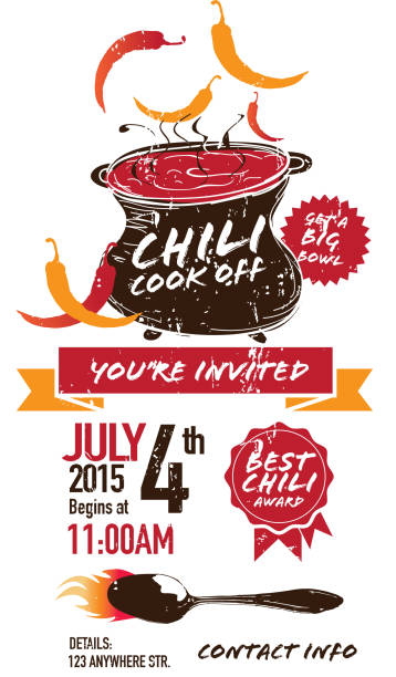 Cute cauldron brown orange Chili cookoff invitation design Vector illustration of a Chili Cookoff logo or icon design template. Brown, red and orange. Includes red, orange,black and white color themes with, spoon, large cauldron with chilis. White background Perfect for white background design for picnic invitation design template, summer barbecue event, picnic celebration, backyard bbq, private or corporate party, birthday party, fun family event gathering, potluck supper. cooking competition stock illustrations