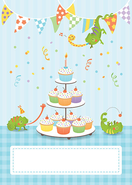 Cute chameleon birthday card boy vector art illustration