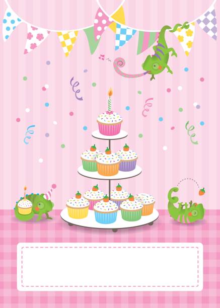 Cute chameleon birthday card girl vector art illustration