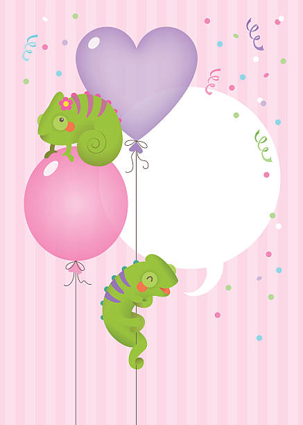 Cute chameleon birthday card girl vector art illustration