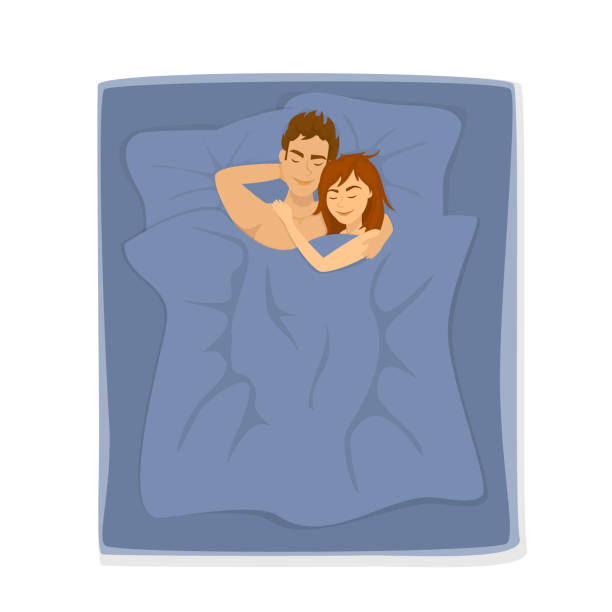 ilustrações de stock, clip art, desenhos animados e ícones de cute cheerful couple sleeping together on the bed top view - sleeping couple