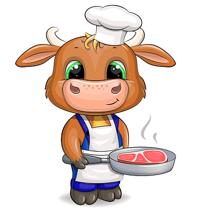 A cute chef bull in a chef hat and apron holds a frying pan with a steak.