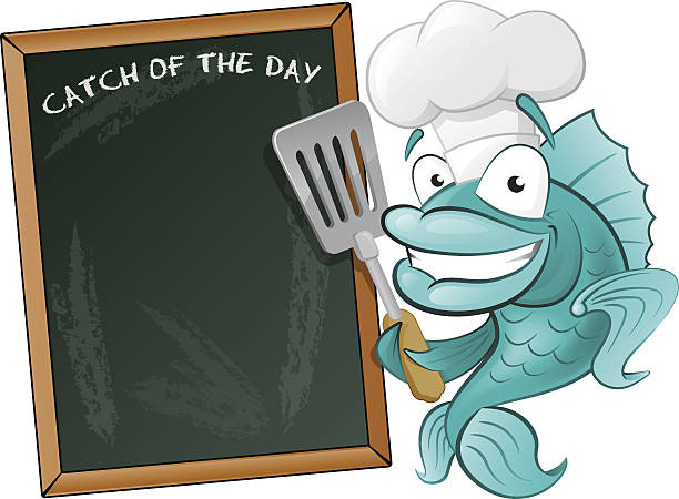 Cute Chef Fish with Spatula and Menu Board. EPS10 File. Transparencies are used in this Great illustration of a Cute Cartoon Cod Fish Chef holding a Frying Spatula next to Menu Board. fish fry stock illustrations