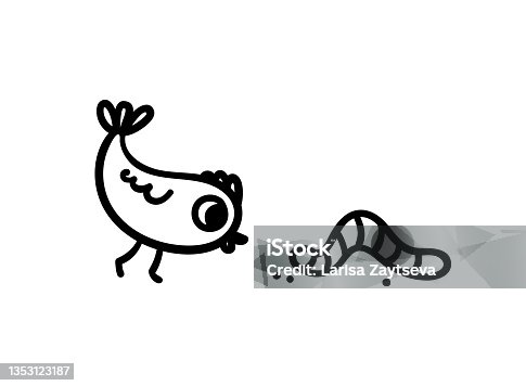 istock A cute chick watches the crawling worm. Doodle illustration of a bird playing with a worm or wants to eat it. Vector sketch of poultry and feed isolated on white background. 1353123187
