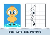 Cute chicken. Copy picture template for children illustration, drawing lesson concept. Vector educational game with funny baby chick for completing draw cartoon bird