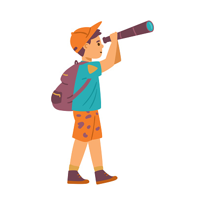 Cute child boy with backpack looks through the binocular, flat vector illustration isolated on white background.